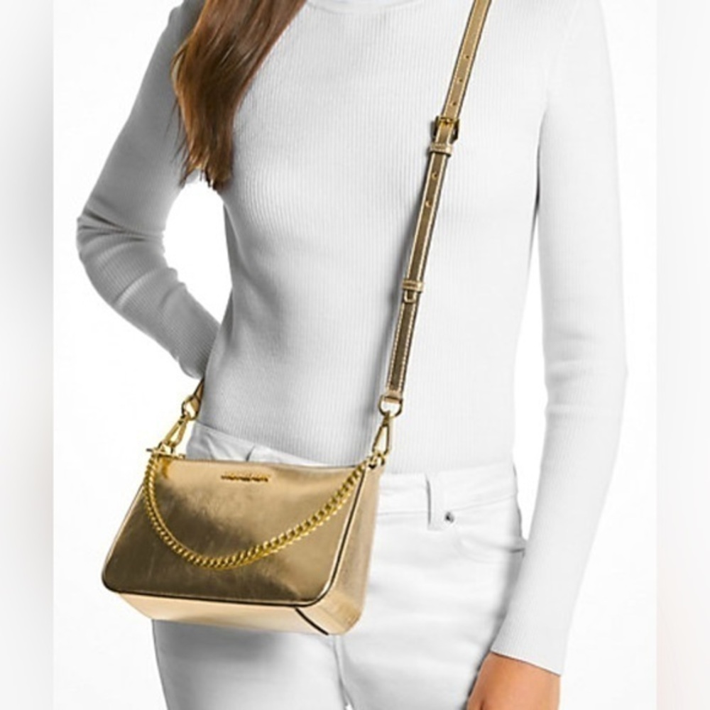 NWT Michael Kors Jet Set Medium Metallic Pale Gold Shoulder Bag & Card Case Set